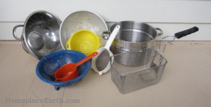 Collection of strainers and colanders to clean seeds. Find these in your kitchen or at yard sales-BLOG