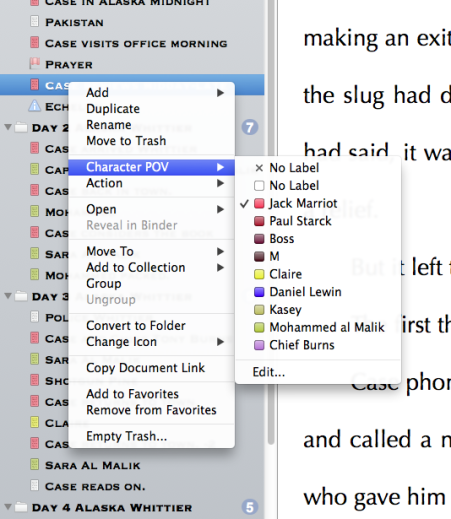 Close up of the binder showing how to change POV colour, flags, etc.