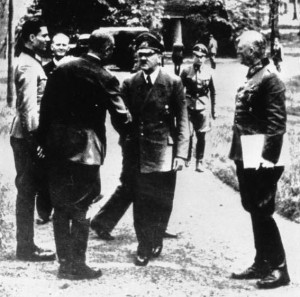 Col. Count Claus von Stauffenberg and Adm. Karl-Jesco von Puttkamer greet Hitler at Rastenburt, 15 July 1944, 5 days before assassination attempt. (German Federal Archive)