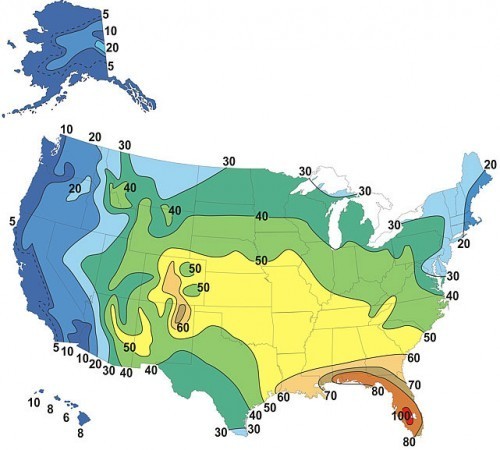 The average number of thunderstorm days per year. Map provided by the United States Weather Service.