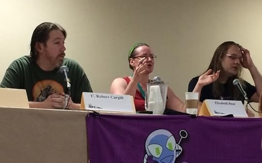 (left to right) C Robert Cargill, Elizabeth Bear and Scott Lynch talk “Storytelling 101″