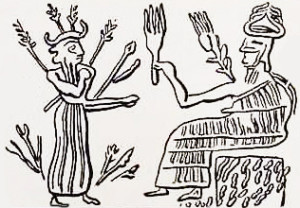 Ancient Mesopotamian seal with Tammuz standing before the Grain Goddess