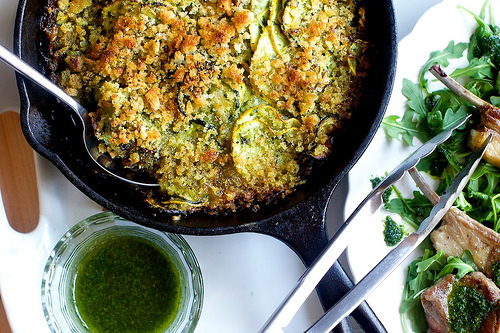 summer squash gratin with gruyere and salsa verde