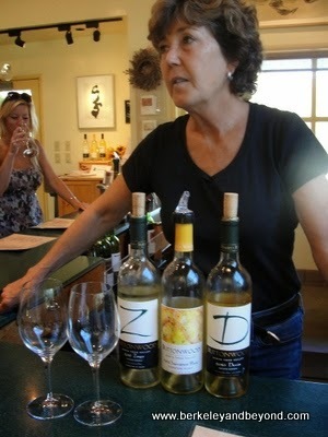 winemaker Karen Steinwachs conducts a tasting at Buttonwood Farm Winery in Solvang, California