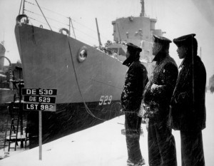 Crew of destroyer escort USS Mason, the first US warship with a predominately black enlisted crew; Boston Navy Yard, 30 March 1944 (US Naval History and Heritage Command)