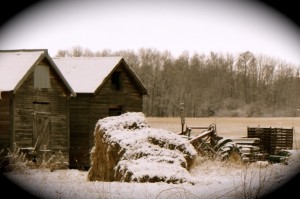 Farm scene with tractor, hay, and sheds