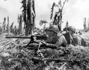 US Marines Gunnery Sergeant J. Paget and Privates L. C. Whether and V. A. Sot, Guam, 28 July 1944 (US National Archives)
