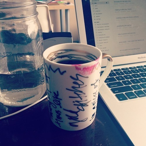 Coffee and magenta lipstick. Oh my.