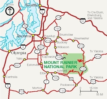 A map of the roads providing access to Mount Rainier.