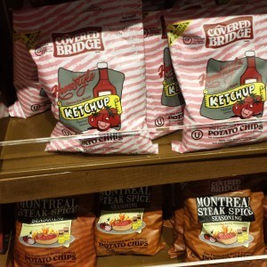 A photo of chips, from Canada, ketchup flavored