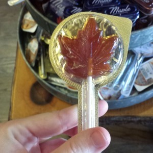 a maple leaf shaped lollipop sold at frontier mercantile