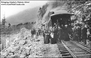 A White Pass and Yukon Railway train rests at the 2,900-foot level of the Alaska-Canada boundary, 13 miles northeast of Skagway in Southeast Alaska, in 1899.