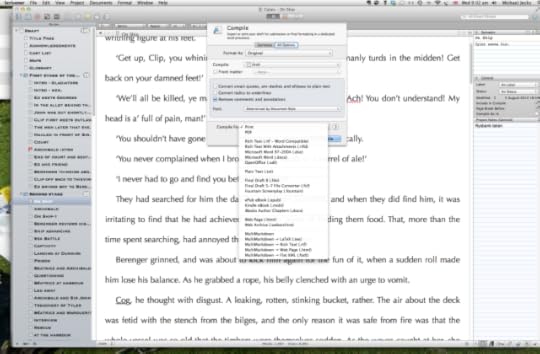 A screenshot of my latest novel with the compile sub menu displayed