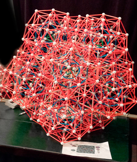 Figure 4. A model of an actual non-repeating crystal structure made with Zome Tools by my students at the Park City Mathematics Institute, July 2014. Though aperiodic, this pattern of atoms can be extended in space. 