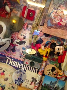 A tiny selection from the massive case of tags, trinkets, and photos in the Convention Center at Disneyland Hotel.