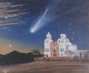 A comet soars over Mission San Xavier, near Tucson. Sonoran Hyakutake, by James Scotti; used by permission of the artist.
