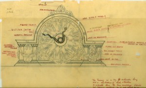 Flanagan's original design contained exacting notes on materials and placement. No included in the final piece were the snake hands shown in this drawing. Manuscript Division. 