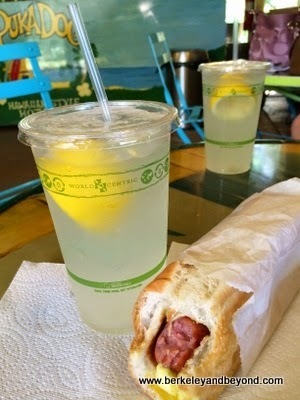 Polish dog and lemonade at Puka Dog in Poipu, Kauai, Hawaii