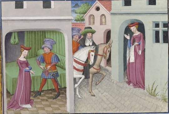 « Le livre appellé Decameron, autrement le prince Galeot surnommé, qui contient cent nouvelles racomptées en dix jours par sept femmes et trois jouvenceaulx, lequel livre ja pieça compila et escripvi Jehan Boccace de Celtald en langaige florentin, et qui nagueres a esté translaté premierement en latin et secondement en françois, a Paris, a l'ostel de noble, sage et honneste homme Bureau de Dampmartin, citoien de Paris, escuier conseillier de trés puissant et trés noble prince Charles, VI e de son nom, roy de France, par moy Laurent de Premierfait, famillier dudit Bureau, lesqueles deux translations, par trois ans faites, furent accomplies le quinziesme jour de juing l'an mil quatre cens et XIIII »