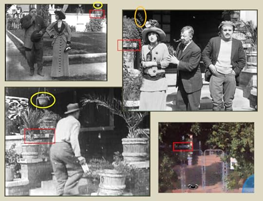 Four views of the 1629 Park Ave. porch. Clockwise - A Flirt's Mistake, Mabel at the Wheel, today, and Cruel, Cruel Love