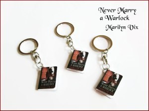 Never Marry A Warlock Keychain swag that can be won at the Multi-Genre/Author Book Celebration