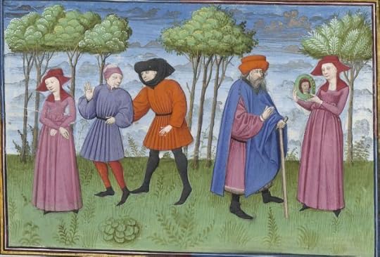 « Le livre appellé Decameron, autrement le prince Galeot surnommé, qui contient cent nouvelles racomptées en dix jours par sept femmes et trois jouvenceaulx, lequel livre ja pieça compila et escripvi Jehan Boccace de Celtald en langaige florentin, et qui nagueres a esté translaté premierement en latin et secondement en françois, a Paris, a l'ostel de noble, sage et honneste homme Bureau de Dampmartin, citoien de Paris, escuier conseillier de trés puissant et trés noble prince Charles, VI e de son nom, roy de France, par moy Laurent de Premierfait, famillier dudit Bureau, lesqueles deux translations, par trois ans faites, furent accomplies le quinziesme jour de juing l'an mil quatre cens et XIIII »