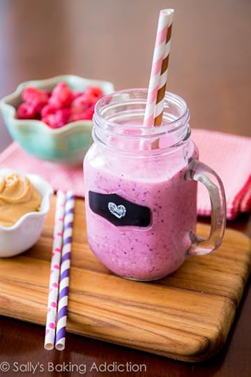 Peanut Butter & Jelly Protein Smoothie. Thick, creamy, healthy, and 23 grams of protein. sallysbakingaddiction