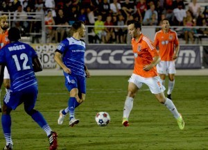 FCE's Neil Hlavaty, left, takes on Carolina's Zack Schilawski. PHOTO: Rob Kinnan-Carolina Railhawks
