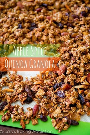 Crunchy Apple Spice Granola packed with quinoa, almonds, maple, and cinnamon. Healthy snack by sallysbakingaddiction.com