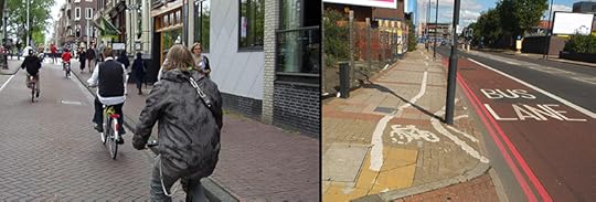 Cycling infrastructure in Amsterdam (left) and London's Battersea (right)
