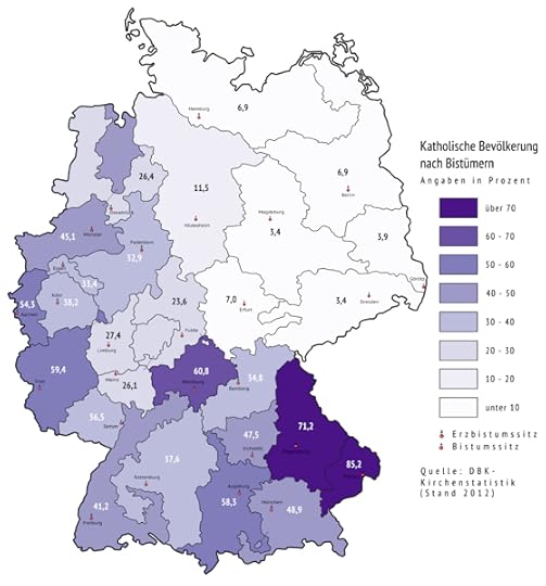 Percentage of Catholics by diocese in Germany, 2012 (katholische Bevölkerung nach Bistümern)