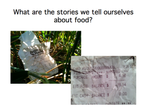 A slide from my PowerPoint: Conversation-starter! I found this receipt in the field by my house. It was dropped by someone who works there--someone who helps grow food who is on food stamps