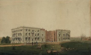 An 1814 drawing shows the U.S. Capitol after its burning by the British. Print | George Munger, Prints and Photographs Division