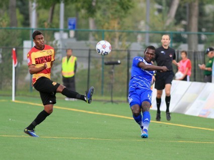 Laince Laing, right, tormented the Strikers on Saturday. FC EDMONTON/TONY LEWIS