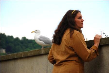 on bridge with bird in bath