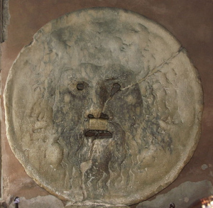 First-century plaque or well cover embedded into the wall of the church of ‘Santa Maria in Cosmedin,’ in Rome. 