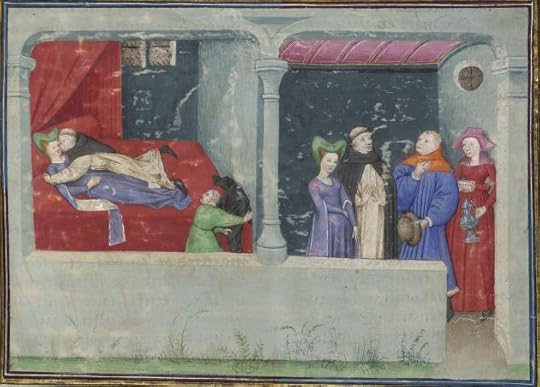 « Le livre appellé Decameron, autrement le prince Galeot surnommé, qui contient cent nouvelles racomptées en dix jours par sept femmes et trois jouvenceaulx, lequel livre ja pieça compila et escripvi Jehan Boccace de Celtald en langaige florentin, et qui nagueres a esté translaté premierement en latin et secondement en françois, a Paris, a l'ostel de noble, sage et honneste homme Bureau de Dampmartin, citoien de Paris, escuier conseillier de trés puissant et trés noble prince Charles, VI e de son nom, roy de France, par moy Laurent de Premierfait, famillier dudit Bureau, lesqueles deux translations, par trois ans faites, furent accomplies le quinziesme jour de juing l'an mil quatre cens et XIIII »