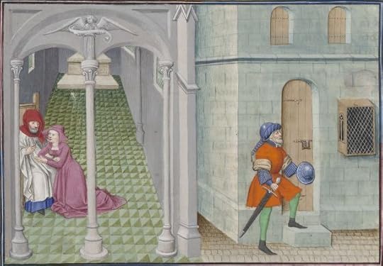 « Le livre appellé Decameron, autrement le prince Galeot surnommé, qui contient cent nouvelles racomptées en dix jours par sept femmes et trois jouvenceaulx, lequel livre ja pieça compila et escripvi Jehan Boccace de Celtald en langaige florentin, et qui nagueres a esté translaté premierement en latin et secondement en françois, a Paris, a l'ostel de noble, sage et honneste homme Bureau de Dampmartin, citoien de Paris, escuier conseillier de trés puissant et trés noble prince Charles, VI e de son nom, roy de France, par moy Laurent de Premierfait, famillier dudit Bureau, lesqueles deux translations, par trois ans faites, furent accomplies le quinziesme jour de juing l'an mil quatre cens et XIIII »