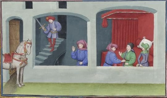 « Le livre appellé Decameron, autrement le prince Galeot surnommé, qui contient cent nouvelles racomptées en dix jours par sept femmes et trois jouvenceaulx, lequel livre ja pieça compila et escripvi Jehan Boccace de Celtald en langaige florentin, et qui nagueres a esté translaté premierement en latin et secondement en françois, a Paris, a l'ostel de noble, sage et honneste homme Bureau de Dampmartin, citoien de Paris, escuier conseillier de trés puissant et trés noble prince Charles, VI e de son nom, roy de France, par moy Laurent de Premierfait, famillier dudit Bureau, lesqueles deux translations, par trois ans faites, furent accomplies le quinziesme jour de juing l'an mil quatre cens et XIIII »