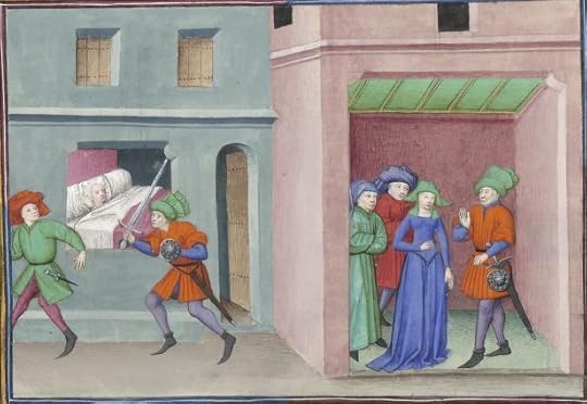 « Le livre appellé Decameron, autrement le prince Galeot surnommé, qui contient cent nouvelles racomptées en dix jours par sept femmes et trois jouvenceaulx, lequel livre ja pieça compila et escripvi Jehan Boccace de Celtald en langaige florentin, et qui nagueres a esté translaté premierement en latin et secondement en françois, a Paris, a l'ostel de noble, sage et honneste homme Bureau de Dampmartin, citoien de Paris, escuier conseillier de trés puissant et trés noble prince Charles, VI e de son nom, roy de France, par moy Laurent de Premierfait, famillier dudit Bureau, lesqueles deux translations, par trois ans faites, furent accomplies le quinziesme jour de juing l'an mil quatre cens et XIIII »