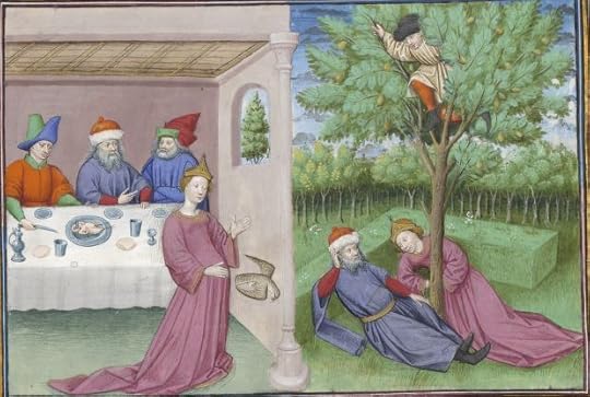 « Le livre appellé Decameron, autrement le prince Galeot surnommé, qui contient cent nouvelles racomptées en dix jours par sept femmes et trois jouvenceaulx, lequel livre ja pieça compila et escripvi Jehan Boccace de Celtald en langaige florentin, et qui nagueres a esté translaté premierement en latin et secondement en françois, a Paris, a l'ostel de noble, sage et honneste homme Bureau de Dampmartin, citoien de Paris, escuier conseillier de trés puissant et trés noble prince Charles, VI e de son nom, roy de France, par moy Laurent de Premierfait, famillier dudit Bureau, lesqueles deux translations, par trois ans faites, furent accomplies le quinziesme jour de juing l'an mil quatre cens et XIIII »