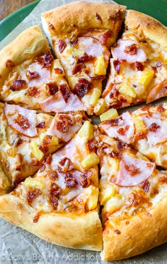 Hawaiian Pizza by sallysbakingaddiction.com. This crowd-pleasing recipe starts with my fluffy homemade pizza crust and is finished with a sprinkle of crisp bacon.