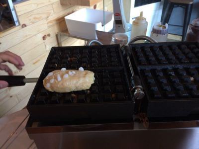 Studded with pearl sugar that he imports for his waffles.