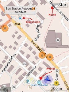 Map of Makarska, Croatia. Bus Station to Hostel