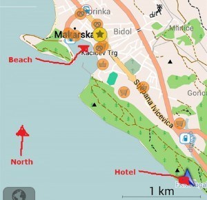 Map of Makarska, Croatia. Beach to Hotel