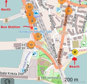 Map of Split, Croatia, Bus station to beach