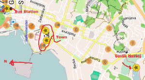 Map of Pula, Bus Station to Youth Hostel
