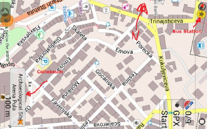Map of Pula, Croatia. Bus station to Coleseum