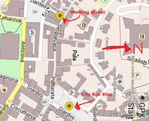 Map of Pula, Walking street to city bus stop