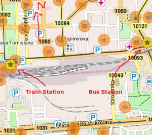 Map of Zagreb, Croatia. Getting from bus station to the train station